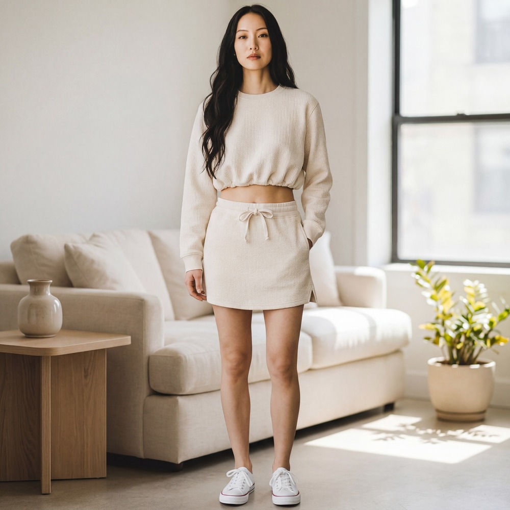 Mono B Cream Waffle Knit‎ Set Cropped Bubble Top Skort Sz S NWT New Athleisure